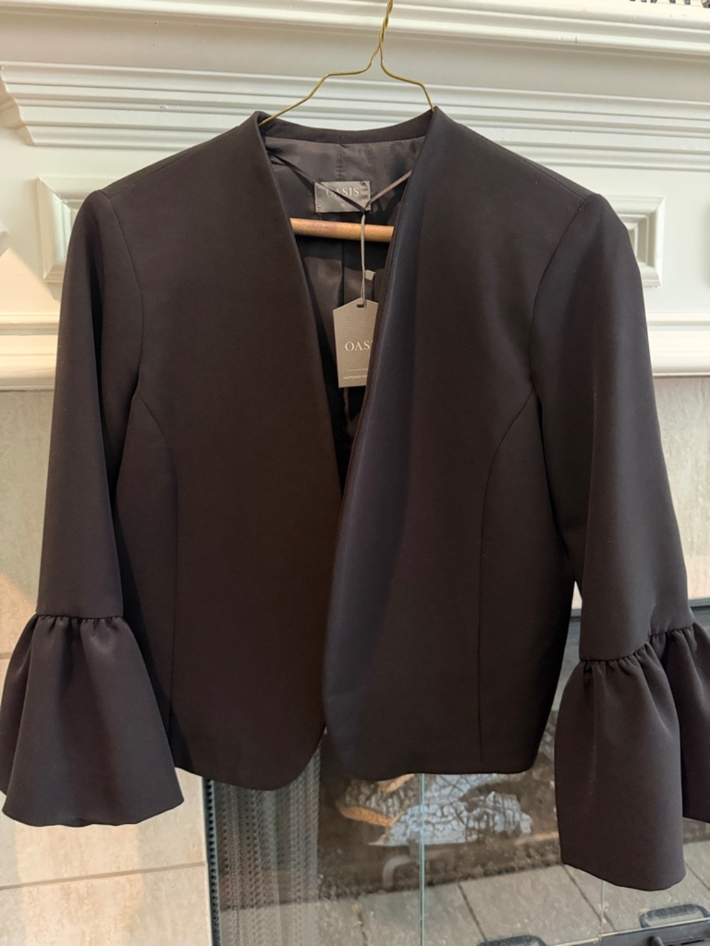 Oasis Black Open-Front Blazer with Bell Sleeves. Bolero style